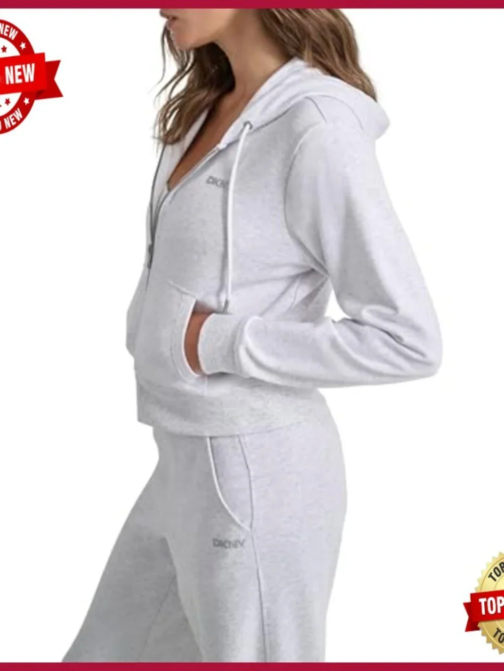 Cropped Fleece Hoodie with Studded Logo and Full Zip Front - Picture 3 of 4